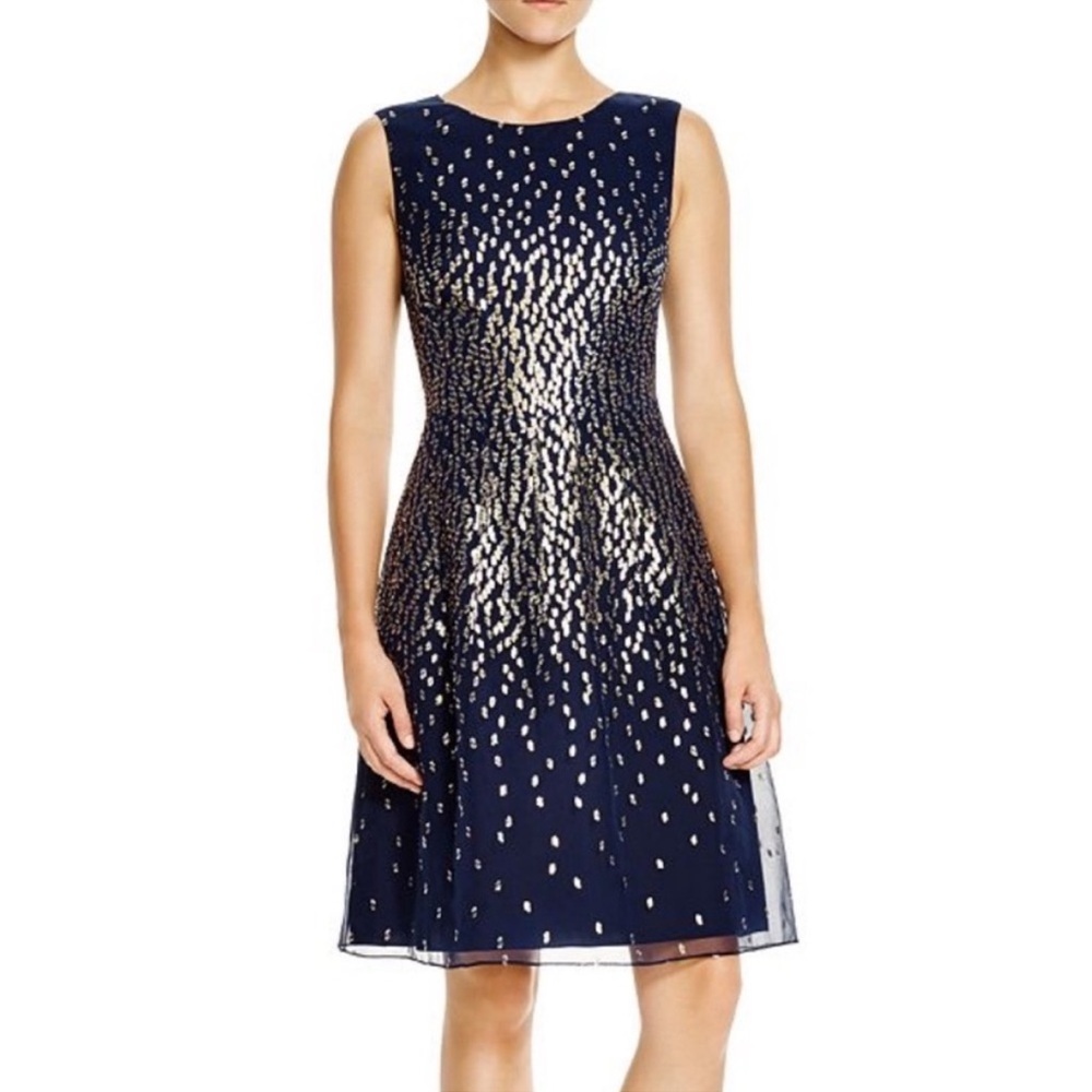 Kay Unger Navy Blue and Gold Metallic Organza Fit and Flare Dress. NWT Sz 2